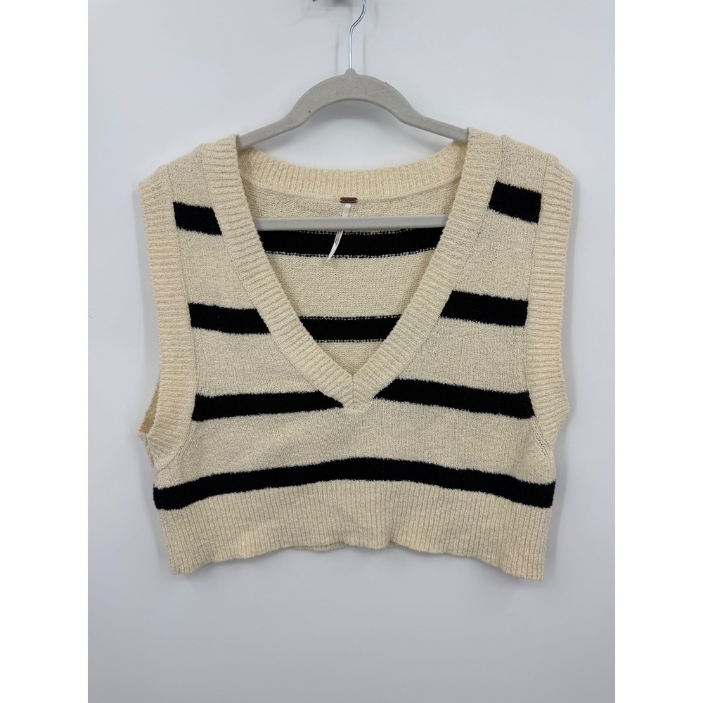 Free People Striped Sweater Vest Women Size L Cream Black V-Neck OB502372 Vest